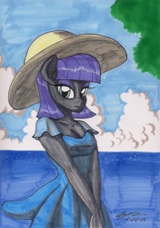 Size: 1391x1973 | Tagged: safe, artist:newyorkx3, character:maud pie, species:anthro, beach, clothing, dress, female, hat, solo, traditional art