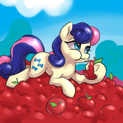 Size: 1500x1500 | Tagged: safe, artist:kp-shadowsquirrel, character:bon bon, character:sweetie drops, species:earth pony, species:pony, apple, eating, female, mare, solo