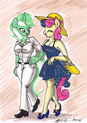Size: 1112x1563 | Tagged: safe, artist:newyorkx3, character:bon bon, character:lyra heartstrings, character:sweetie drops, species:anthro, species:plantigrade anthro, ship:lyrabon, breasts, cleavage, clothing, dress, female, handbag, hat, pants, shipping, shirt, sun hat, traditional art