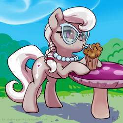 Size: 1500x1500 | Tagged: safe, artist:kp-shadowsquirrel, character:silver spoon, species:earth pony, species:pony, g4, bipedal, drinking, female, filly, glasses, jewelry, milkshake, necklace, scene interpretation, solo