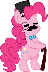 Size: 600x900 | Tagged: safe, artist:xwhitedreamsx, character:pinkie pie, species:pony, bipedal, bow tie, cane, classy, clothing, eyebrows, hat, like a sir, monocle, moustache, simple background, top hat, transparent background