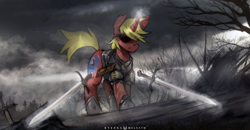 Size: 1300x675 | Tagged: safe, artist:foxinshadow, oc, oc only, oc:steel prism, species:pony, species:unicorn, armor, dual wield, dungeons and dragons, eyepatch, magic, pen and paper rpg, ponyfinder, rpg, solo, sword, tabletop gaming, telekinesis, weapon