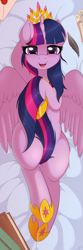 Size: 733x2200 | Tagged: safe, artist:ratofdrawn, character:twilight sparkle, character:twilight sparkle (alicorn), species:alicorn, species:pony, bed, belly button, blushing, body pillow, body pillow design, book, covering, crown, feather, female, jewelry, letter, looking at you, mare, on bed, open mouth, pretty, princess shoes, regalia, solo, tail covering