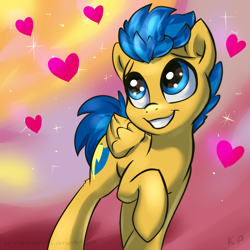 Size: 1500x1500 | Tagged: safe, artist:kp-shadowsquirrel, character:flash sentry, species:pegasus, species:pony, abstract background, adorasexy, cute, cutie mark, diasentres, floating heart, grin, heart, looking up, male, raised hoof, sexy, smiling, solo, sparkles, squee, stallion