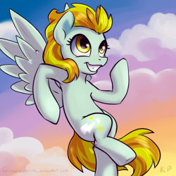 Size: 1500x1500 | Tagged: safe, artist:kp-shadowsquirrel, character:lightning dust, cute, dustabetes, female, flying, grin, solo, spread wings, wings
