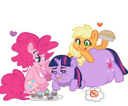 Size: 600x500 | Tagged: safe, artist:mt, character:applejack, character:pinkie pie, character:twilight sparkle, cupcake, fat, feedee, feeder, feeder pinkie, feederjack, food, force feeding, obese, stuffing, twilard sparkle