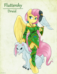 Size: 2550x3300 | Tagged: safe, artist:ambris, character:angel bunny, character:fluttershy, species:anthro, species:bird, species:pegasus, species:pony, species:rabbit, species:unguligrade anthro, adventuring is magic, breasts, clothing, colored pupils, delicious flat chest, druid, female, flattershy, flutterdruid, fluttertamer, looking at you, multiple variants, smiling, solo