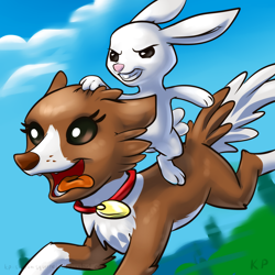 Size: 1500x1500 | Tagged: safe, artist:kp-shadowsquirrel, character:angel bunny, character:winona, species:dog, species:rabbit, collie, duo, female, male, pets riding pets, ride, rider, riding
