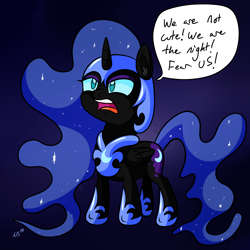 Size: 1900x1900 | Tagged: safe, artist:novaspark, character:nightmare moon, character:princess luna, species:alicorn, species:pony, blatant lies, cute, dialogue, female, filly, foal, i am the night, i'm not cute, lies, moonabetes, nightmare retardant, nightmare woon, royal we, solo