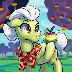 Size: 1500x1500 | Tagged: safe, artist:kp-shadowsquirrel, character:granny smith, species:earth pony, species:pony, adorasmith, apple, apple tree, cute, female, frown, mare, solo, tree, worm, zap apple, zap apple tree