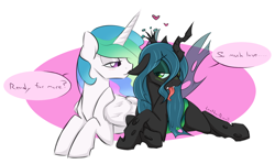 Size: 1280x763 | Tagged: safe, artist:ambris, artist:leatherbiscuit, character:princess celestia, character:queen chrysalis, species:alicorn, species:changeling, species:pony, ship:chryslestia, bedroom eyes, blushing, changeling queen, color edit, cute, cutealis, cutelestia, dialogue, ear bite, female, heart, lesbian, looking at each other, mare, missing accessory, open mouth, prone, shipping, smiling, tongue out