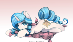 Size: 1100x644 | Tagged: safe, artist:foxinshadow, oc, oc only, oc:opuscule antiquity, species:pony, species:unicorn, bedroom eyes, cushion, female, looking at you, mare, pillow, prone, smiling, solo