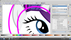 Size: 1366x768 | Tagged: safe, artist:parclytaxel, character:rarity, eye, female, inkscape, linux, screenshots, simple background, solo, trisquel, vector, white background, wip