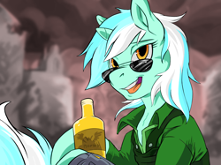 Size: 1280x958 | Tagged: safe, artist:hobbes-maxwell, edit, character:lyra heartstrings, fallout equestria, alcohol, bottle, female, recolor, solo, sunglasses, whiskey