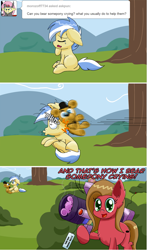 Size: 1281x2180 | Tagged: safe, artist:clouddg, character:strike, oc, oc:pun, species:earth pony, species:pony, ask pun, ask, bear, cannon, comic, confused, crossover, crying, female, filly, five nights at freddy's, floppy ears, fluffy, fredbear, freddy fazbear, golden freddy, open mouth, pun, question mark, rocket launcher, sitting, smiling, teddy bear, tumblr, visual gag, wide eyes