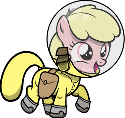 Size: 1679x1591 | Tagged: safe, artist:zacatron94, oc, oc only, oc:puppysmiles, species:earth pony, species:pony, fallout equestria, fallout equestria: pink eyes, fanfic, fanfic art, female, filly, foal, hazmat suit, hooves, open mouth, saddle bag, simple background, solo, transparent background