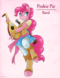 Size: 2550x3300 | Tagged: safe, artist:ambris, character:pinkie pie, species:anthro, species:earth pony, species:pony, species:unguligrade anthro, adventuring is magic, bard, bard pie, blunderbuss, clothing, colored pupils, female, gun, lute, multiple variants, musical instrument, raised leg, smiling, solo, weapon