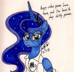 Size: 1040x1007 | Tagged: safe, artist:newyorkx3, character:princess luna, species:alicorn, species:pony, angry video game nerd, clothing, crown, dialogue, ethereal mane, female, galaxy mane, glasses, jewelry, looking at you, regalia, shirt, simple background, solo, traditional art, vulgar, white background