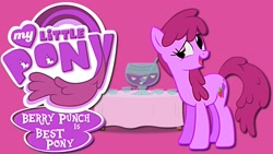 Size: 1920x1080 | Tagged: safe, artist:barrfind, artist:jamescorck, artist:liggliluff, edit, character:berry punch, character:berryshine, species:earth pony, species:pony, best pony, bowl, cup, emblem, female, glass, logo, logo edit, mare, punch (drink), punch bowl, solo, table, vector, wallpaper
