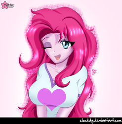 Size: 900x912 | Tagged: safe, artist:clouddg, character:pinkie pie, my little pony:equestria girls, alternate hairstyle, breasts, busty pinkie pie, cute, diapinkes, female, looking at you, solo, wink