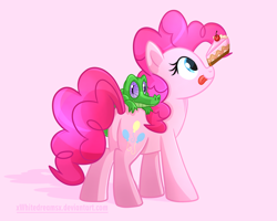 Size: 2500x2000 | Tagged: safe, artist:xwhitedreamsx, character:gummy, character:pinkie pie, species:pony, balancing, cake, female, pink background, ponies balancing stuff on their nose, simple background, solo, tongue out