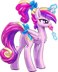 Size: 6128x7568 | Tagged: safe, artist:kp-shadowsquirrel, artist:sagegami, character:princess cadance, species:alicorn, species:pony, absurd resolution, alternate hairstyle, candy, chest fluff, female, hair bow, lollipop, magic, mare, plot, ponytail, simple background, solo, tail bow, telekinesis, tongue out, trace, transparent background, vector