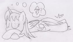 Size: 1361x781 | Tagged: safe, artist:parclytaxel, oc, oc only, oc:parcly taxel, species:alicorn, species:pony, alicorn oc, dream, horn ring, kinross, lineart, monochrome, question mark, sleeping, solo, traditional art