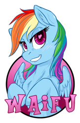 Size: 413x638 | Tagged: safe, artist:hobbes-maxwell, character:rainbow dash, species:pegasus, species:pony, bedroom eyes, ear fluff, explicit source, female, heart eyes, mare, smiling, solo, waifu, waifu badge, wingding eyes