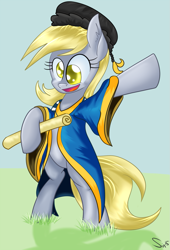 Size: 1021x1500 | Tagged: safe, artist:sintakhra, character:derpy hooves, species:pony, newbie artist training grounds, bipedal, clothing, diploma, female, graduation, hat, robe, solo