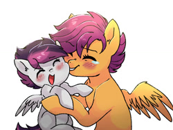 Size: 1024x768 | Tagged: safe, artist:kianamai, character:scootaloo, oc, oc:echo (kilala), parent:rumble, parent:scootaloo, parents:rumbloo, species:pegasus, species:pony, kilalaverse, feels, hug, mama scoots, mother and daughter, next generation, offspring, scootaloo can't fly, story included