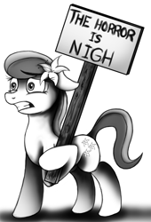 Size: 543x800 | Tagged: safe, artist:jamescorck, character:lily, character:lily valley, species:earth pony, species:pony, female, floppy ears, mare, monochrome, sign, solo, the horror