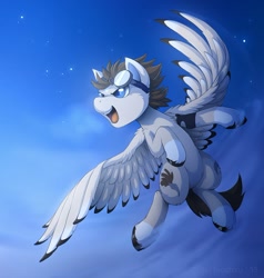Size: 872x917 | Tagged: safe, artist:hioshiru, oc, oc only, species:pegasus, species:pony, both cutie marks, cheek fluff, chest fluff, cloud, colored hooves, colored pupils, colored wings, colored wingtips, digital art, ear fluff, fluffy, flying, goggles, leg fluff, male, open mouth, sky, socks (coat marking), solo, spread wings, stallion, starry night, unshorn fetlocks, wing fluff, wings
