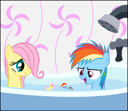 Size: 751x653 | Tagged: safe, artist:zacatron94, character:fluttershy, character:rainbow dash, bath, bathtub, cropped, female, filly, filly rainbow dash, toy, younger