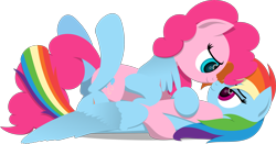 Size: 3422x1798 | Tagged: safe, artist:zacatron94, character:pinkie pie, character:rainbow dash, ship:pinkiedash, eye contact, female, intertwined tails, lesbian, lineless, shipping