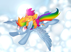 Size: 4500x3300 | Tagged: safe, artist:scarlet-spectrum, character:rainbow dash, character:scootaloo, species:pegasus, species:pony, cloud, cloudy, flying, scootalove