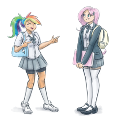 Size: 1000x963 | Tagged: safe, artist:king-kakapo, character:fluttershy, character:rainbow dash, species:human, alternate hairstyle, backpack, bag, book, breasts, clothing, compression shorts, delicious flat chest, duo, duo female, female, flattershy, humanized, jacket, kneesocks, mary janes, miniskirt, ponytail, ribbon, school uniform, schoolgirl, shorts, simple background, skirt, sneakers, sneakers fetish, socks, thigh highs, white background, zettai ryouiki