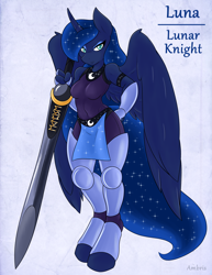 Size: 2550x3300 | Tagged: safe, artist:ambris, character:princess luna, species:anthro, species:unguligrade anthro, adventuring is magic, armor, breasts, busty princess luna, colored pupils, fantasy class, female, knight, solo, sword, warrior, warrior luna