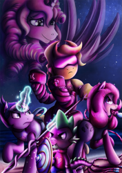Size: 883x1250 | Tagged: safe, artist:jamescorck, character:applejack, character:pinkie pie, character:princess cadance, character:spike, character:twilight sparkle, crossover, implied fluttershy, implied rainbow dash, shield, staff, steven universe, sunglasses, whip
