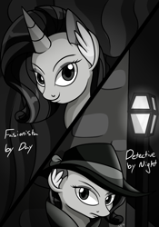 Size: 1400x2000 | Tagged: safe, artist:novaspark, character:rarity, episode:rarity investigates, g4, my little pony: friendship is magic, black and white, detective, detective rarity, ear fluff, female, grayscale, monochrome, solo