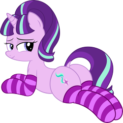 Size: 5993x6000 | Tagged: safe, artist:an-tonio, artist:slb94, character:starlight glimmer, species:pony, species:unicorn, absurd resolution, bedroom eyes, clothing, dock, female, looking at you, looking back, mare, plot, prone, raised tail, simple background, socks, solo, striped socks, transparent background