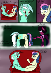 Size: 2893x4092 | Tagged: safe, artist:novaspark, character:bon bon, character:lyra heartstrings, character:sweetie drops, episode:do princesses dream of magic sheep?, buttpony, butts, comic, couch, crossover, dialogue, fridge logic, fusion, garnet (steven universe), lyrabon (fusion), simpsons did it, steven universe, the simpsons, what has science done
