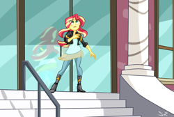 Size: 1500x1005 | Tagged: safe, artist:sintakhra, character:sunset shimmer, equestria girls:friendship games, g4, my little pony: equestria girls, my little pony:equestria girls, canterlot high, clothing, deleted scene, female, homesick shimmer, pants, reflection, scene interpretation, solo, song, what more is out there