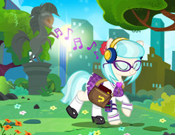 Size: 1200x927 | Tagged: safe, artist:pixelkitties, character:coco pommel, species:earth pony, species:pony, episode:made in manehattan, g4, my little pony: friendship is magic, alternate hairstyle, bag, book, city, clothing, cocobetes, cute, eyes closed, female, glasses, headphones, ipod, listening, manehattan, mare, mp3 player, music, music notes, park, raised hoof, raised leg, saddle bag, schoolgirl, show accurate, skirt, smiling, solo, statue, sun