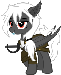 Size: 1951x2385 | Tagged: safe, artist:zacatron94, oc, oc only, oc:captain white, species:bat pony, species:pony, clothing, cutlass, female, mare, pirate, simple background, solo, species swap, sword, transparent background, trenchcoat, vampire, vampony, weapon