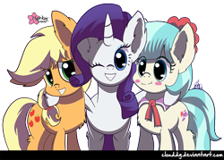 Size: 900x644 | Tagged: safe, artist:clouddg, character:applejack, character:coco pommel, character:rarity, blushing, cocobetes, cute, ear fluff, group, group hug, jackabetes, one eye closed, raribetes, side hug, signature, simple background, smiling, transparent background, wink