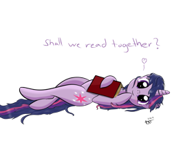 Size: 1208x1000 | Tagged: safe, artist:ratofdrawn, character:twilight sparkle, species:pony, species:unicorn, bed mane, blushing, book, bronybait, cute, female, heart, looking at you, mare, on back, simple background, smiling, solo, transparent background, twiabetes