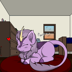 Size: 1000x1000 | Tagged: safe, artist:skydreams, oc, oc:nebula eclipse, species:kirin, g4, bed, behaving like a cat, bottle, commission, cushion, dresser, eyes closed, female, heart, kirin oc, lamp, mare, perspective, ponyloaf, purring, ych result