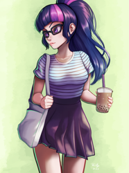Size: 743x1000 | Tagged: safe, artist:the-park, character:twilight sparkle, character:twilight sparkle (scitwi), species:eqg human, species:human, g4, bag, bubble tea, female, glasses, simple background, solo