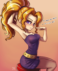 Size: 810x1000 | Tagged: safe, artist:the-park, character:adagio dazzle, species:human, g4, female, ponytail, simple background, sitting, solo, sweat