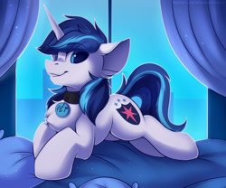 Size: 1500x1250 | Tagged: safe, artist:shadowreindeer, character:shining armor, species:pony, species:unicorn, g4, bed, bedroom, collar, fluffy, grin, night, pet tag, pillow